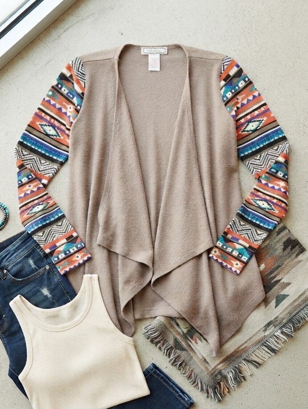 Flying Tomato Tan Orange Blue Tribal Patterned Long Sleeve Open Front Cardigan